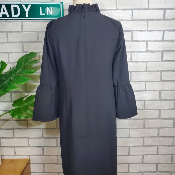 J. Crew Black Bell Sleeve Ruffle Neck Midi Shift Dress Size 00 - Picture 6 of 10